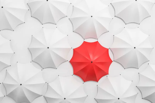 Красный Зонтик Среди Белого Выделяйся Толпы Понятие Лидерства Уникальности Рендеринг — стоковое фото