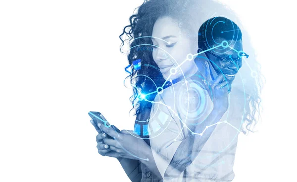 Affärsman Och Affärskvinna Har Online Konferenssamtal Smartphones Digitalt Gränssnitt Med — Stockfoto