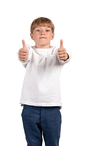 Хлопчик Дивиться Камеру Показує Великий Палець Вгору Ізольовано Білому Тлі — стокове фото