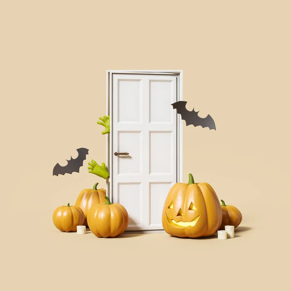 Cartoon Zombie Hands Door Halloween Pumpkin Candles Beige Background Concept — Stock Photo, Image