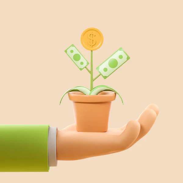 Cartoon Hand Met Geldboom Plant Pot Met Dollarbiljetten Gouden Munt — Stockfoto