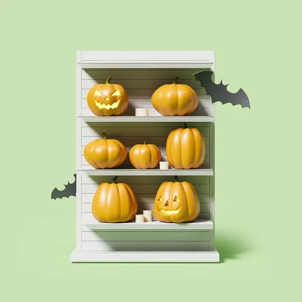 Przerażające Uśmiechnięte Dynie Halloween Białej Półce Supermarketu Latające Nietoperze Zielonym — Zdjęcie stockowe