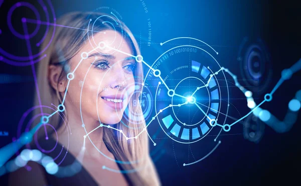 Glad Affärskvinna Porträtt Och Big Data Hologram Virtuell Skärm Med — Stockfoto