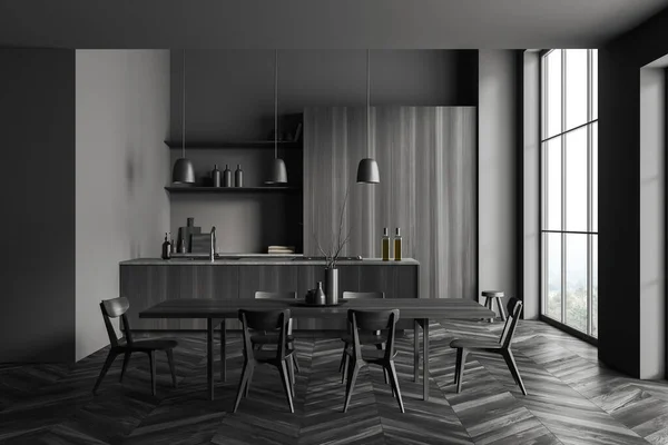 Dunkle Kücheneinrichtung Mit Tisch Und Stühlen Barinsel Auf Schwarzem Hartholzboden — Stockfoto