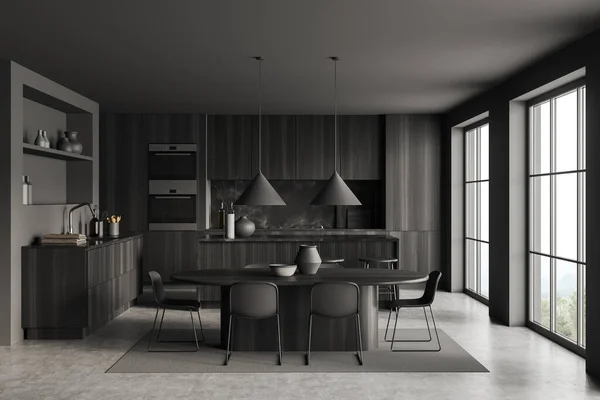 黑暗厨房的内部与餐桌和椅子 酒吧岛和厨房用具 农村全景窗口现代公寓的烹饪区 3D渲染 — 图库照片