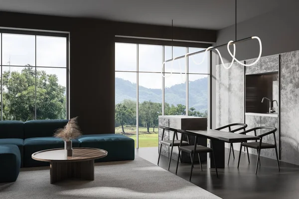 Dark studio interior with relaxing and cooking area, side view. Chill zone with sofa and coffee table on carpet, bar island near panoramic window on countryside. 3D rendering