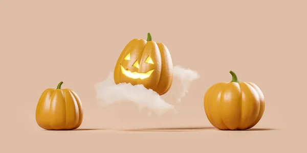Halloween Pumpa Beige Bakgrund Flyger Ett Moln Begreppet Skräck Och — Stockfoto