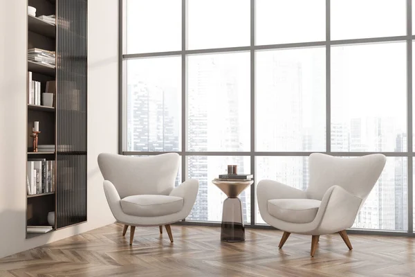 Beige living room interior with two armchairs, side view, shelf with books and art decoration, hardwood floor. Panoramic window on Singapore city skyscrapers. 3D rendering