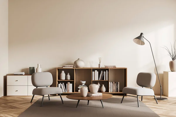 Beige Wohnzimmereinrichtung Mit Sesseln Couchtisch Und Regal Mit Moderner Dekoration — Stockfoto