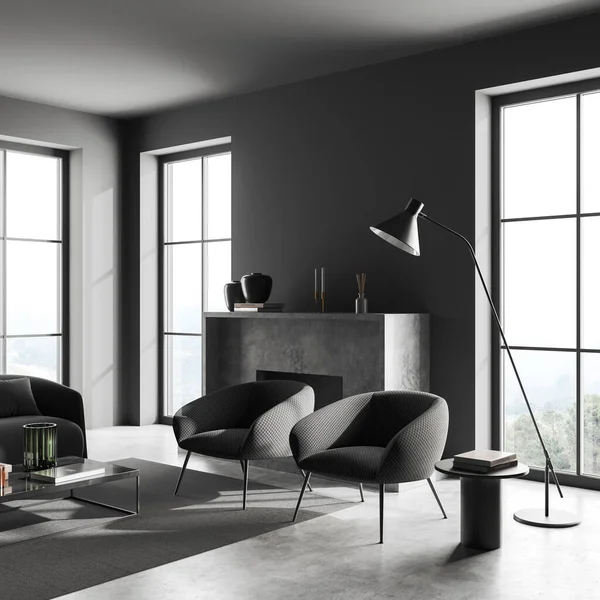 黑暗的客厅内部有沙发 扶手椅和咖啡桌 壁炉和简约的装饰 侧视图 灰色混凝土地板 乡村的全景窗户 3D渲染 — 图库照片