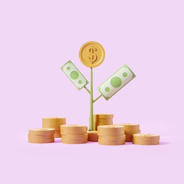Money Tree Branch Dollar Banknotes Stack Golden Coin Pink Background — Stock Photo, Image