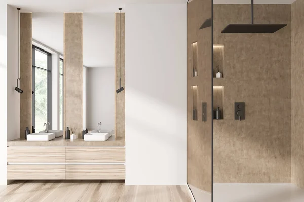 Interiér Bílé Koupelny Sprchou Dvojitým Umyvadlem Podlaha Tvrdého Dřeva Stylové — Stock fotografie