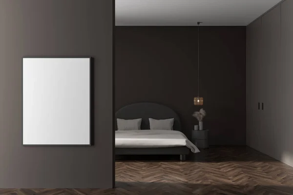 Dark Bedroom Interior Bed White Linens Nightstand Minimalist Art Decoration — Stock Photo, Image