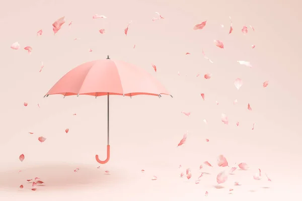 Grand Parapluie Rose Avec Des Feuilles Tombantes Sur Fond Clair — Photo