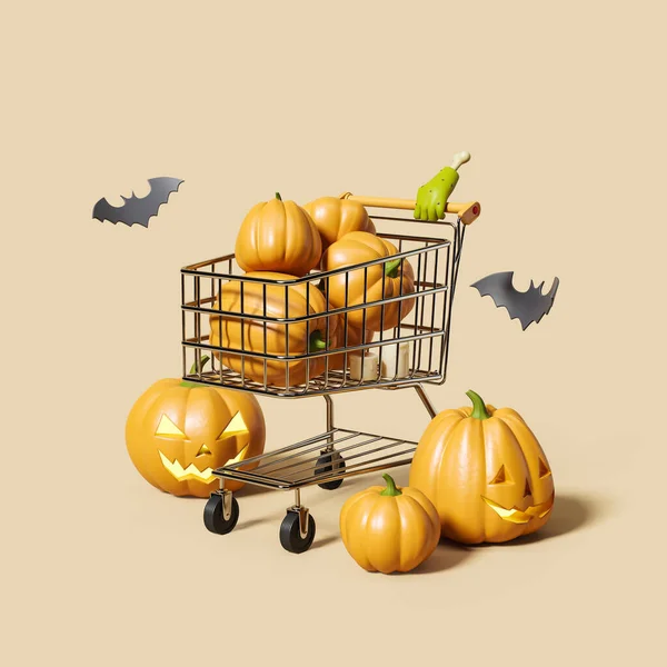 Cartoon Zombie Hand Shopping Cart Halloween Pumpkins Bat Beige Background — Stock Photo, Image