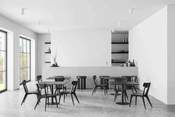 空の白い壁 パノラマウィンドウ バースツール コンクリート床付きのバーカウンター付きの4つのテーブルとモダンな明るいカフェのインテリアのフロントビュー ミニマルデザインのコンセプト 3Dレンダリング — ストック写真