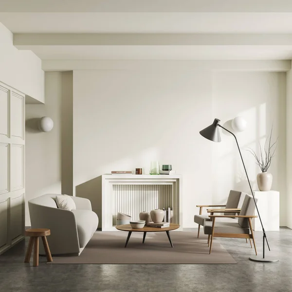 风格别致的客厅内部 沙发和两张扶手椅 有艺术装饰的咖啡桌 壁炉和地毯在灰色混凝土地板上 模型空白墙 3D渲染 — 图库照片