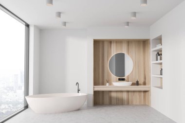 Modern banyo, beyaz ve ahşap duvarlar, beton zemin, rahat küvet, yuvarlak ayna ve büyük pencereli lavabo. 3d oluşturma