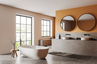 Beyaz ve turuncu banyo, banyo küveti ve çift lavabo, yan görüş gri beton zemin. Evdeki banyo köşesinde. Tropik bölgelerde panoramik pencere. 3B görüntüleme