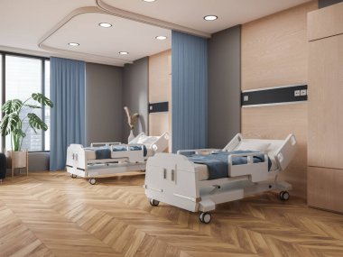 Stylish hospital room interior mobile bed in row, side view panoramic window on Singapore skyscrapers. Blue and wooden healthcare place for patient nursing and treatment. 3D rendering clipart