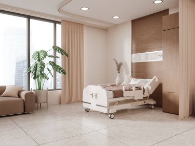 Singapur gökdelenlerinde özel hastane odası, iç yatak ve kanepe, raf ve panoramik pencere. Hastanın iyileşmesi için bej rengi bir sağlık merkezi. 3B görüntüleme
