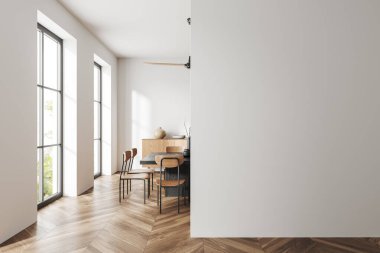 Yemek masası ve sandalyeli, ahşap zeminde büfe olan modern bir ev oturma odası. Tropik bölgelerde panoramik pencere. Uzay duvarının bölümlerini kopyala. 3B görüntüleme