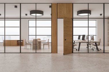 Beyaz ve cam duvarlı şık ofis salonu, beton zemin, geniş bilgisayar masalı açık ofis alanı ve yuvarlak konferans masalı toplantı odası içi. 3d oluşturma