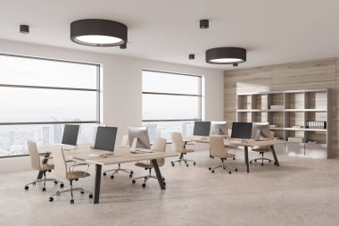 Çalışma masasında bilgisayar, sıra dizilmiş koltuklar, belgeli yan görüş minimalist raflar. Gökdelenlerde açık alan ve panoramik pencere. 3B görüntüleme