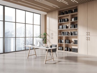 Beyaz ve ahşap duvarları, beton zemini, sandalyeli bilgisayar masası, klasörlü ahşap kitaplık ve panoramik pencereli modern CEO ofisi. 3d oluşturma