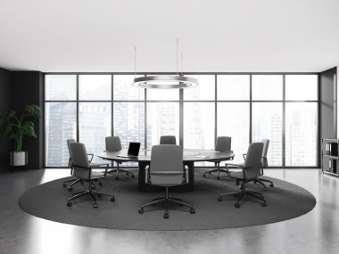 İçi karanlık iş odası koltukları, toplantı masası, gri beton zeminde halı. Singapur gökdelenlerinde panoramik pencereli ofis konferans alanı. 3B görüntüleme