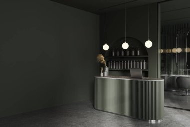 İçi resepsiyon masası, rafı ürünlerle dolu yeşil salon koltukları cam bölmenin arkasında. Berber dükkanı ve boş fotokopi duvarı. 3B görüntüleme