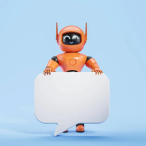 Widok Uśmiechniętego Pomarańczowego Robota Sztucznej Inteligencji Trzymającego Dużą Pustą Bańkę — Zdjęcie stockowe