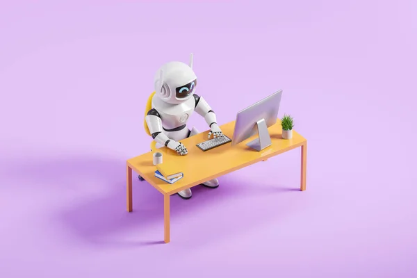 Mor Arka Planda Ofis Masasında Oturan Beyaz Yapay Zeka Robotunun — Stok fotoğraf