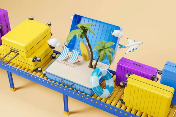 看到蓝色行李箱 里面有海滩和棕榈树 坐在机场行李传送带上 黄色背景 旅游和旅行的概念 3D渲染 — 图库照片