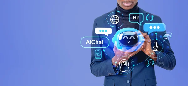 Svart Affärsman Med Tablett Händerna Chat Bot Hologram Med Digitala — Stockfoto