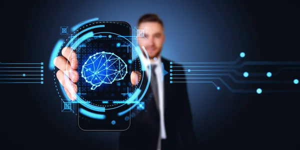 Businessman Showing Phone Glowing Brain Hud Screen Digital Lines Connection — Stock Photo, Image