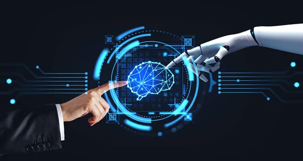 人和机器人的手指接触 Hud与人工智能头全息图与数字线 与人工智能 未来主义技术的交流 机器学习的概念 — 图库照片