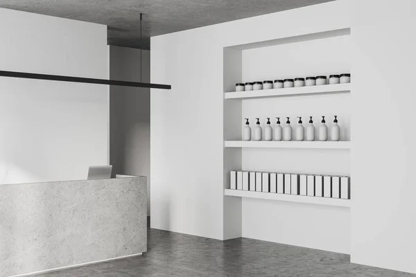 Interior Dari Barbershop Modern Dengan Dinding Putih Lantai Beton Konter — Stok Foto