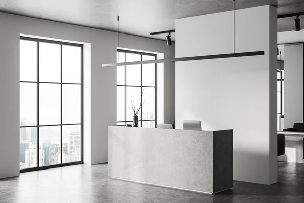 White Friseursalon Interieur Mit Rezeption Und Dekoration Seitenblick Panoramafenster Auf — Stockfoto