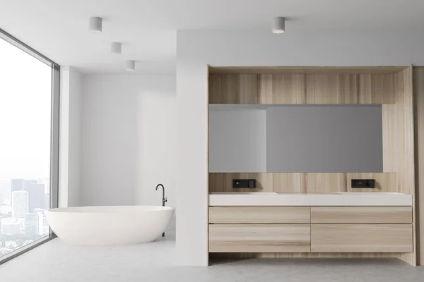 Interieur Modernes Badezimmer Mit Hölzernen Und Weißen Wänden Betonboden Gemütlicher — Stockfoto