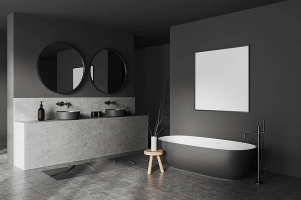 黑暗的家庭浴室内部与浴缸和双水池与镜子和配件 侧视图 浴室角落 装饰简约 模仿帆布海报 3D渲染 — 图库照片