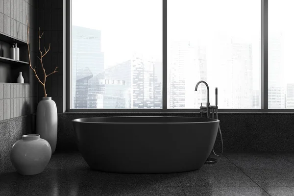 Casa Escura Casa Banho Interior Com Banheira Espaço Banho Minimalista — Fotografia de Stock