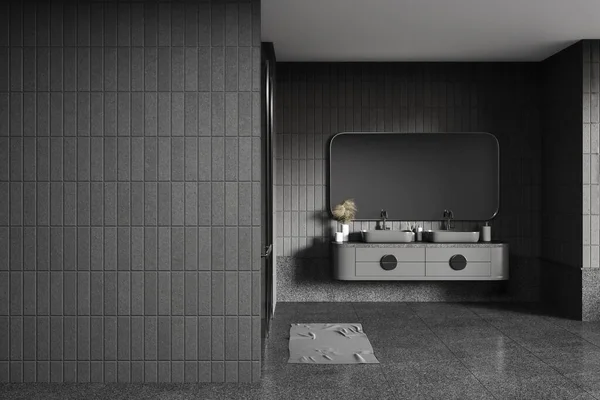 Interior Casa Banho Elegante Com Paredes Azulejo Cinza Piso Confortável — Fotografia de Stock