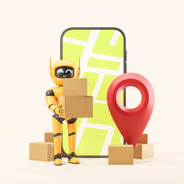 黄色の人工知能ロボット宅配ボックスは 画面上のマップと大きな赤いジオタグピンと大きなスマートフォンの近くに立って保持します 商品配送アプリとナビゲーションの概念 3Dレンダリング — ストック写真