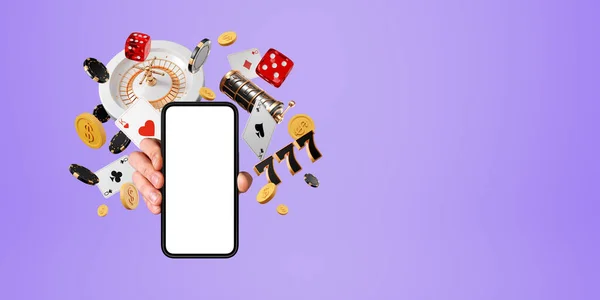 Mão Homem Mostrando Telefone Simular Exibição Branco Roleta Cartões Poker — Fotografia de Stock