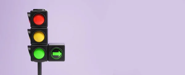 Світлофор Трьома Кольорами Додатковою Зеленою Стрілкою Порожньому Просторі Копіювання Фіолетового — стокове фото