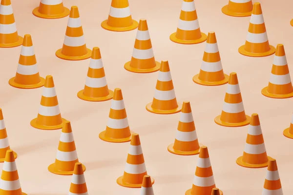 ベージュの背景にオレンジと白の色で剥ぎ取られたプラスチックコーンのトップビューの行 道路工事 交通の概念 3Dレンダリング図 — ストック写真