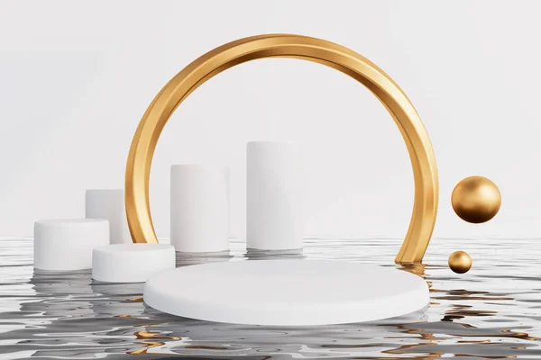 Wit Rond Platform Drijvend Water Grote Gouden Ring Geometrische Vormen — Stockfoto