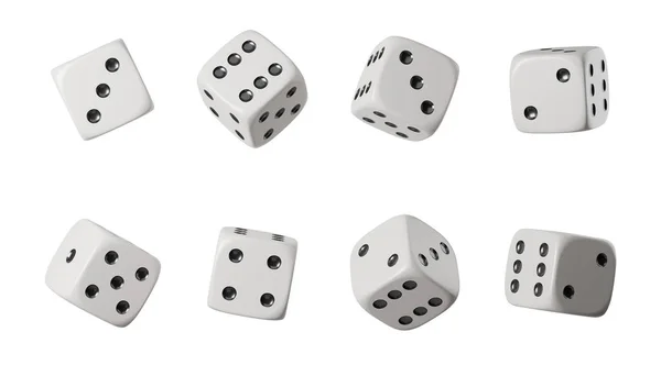 Набор Восьми Белых Кубиков Черными Точками Ряд Показывающих Различные Числа — стоковое фото