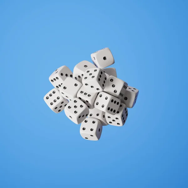 Купка Білих Кубиків Чорними Крапками Висять Повітрі Різні Номери Синьому — стокове фото